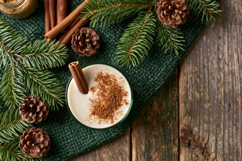 Creamy eggnog topped with ground cinnamon and a cinnamon stick on a green cloth with pine branches and pinecones on a wooden table