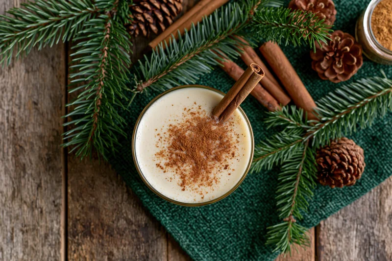 Creamy eggnog in a glass topped with cinnamon and a cinnamon stick on a wooden table with pine branches and pinecones