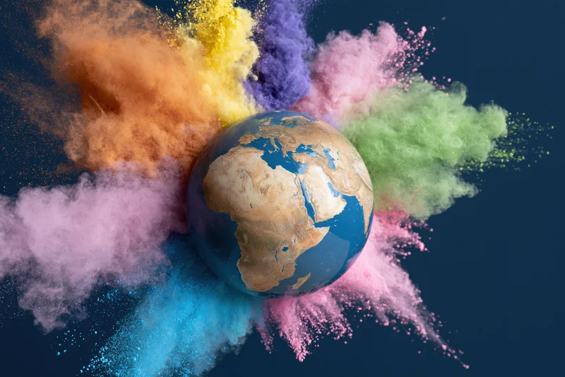 Globe model of earth surrounded by bursts of colorful powder against dark background