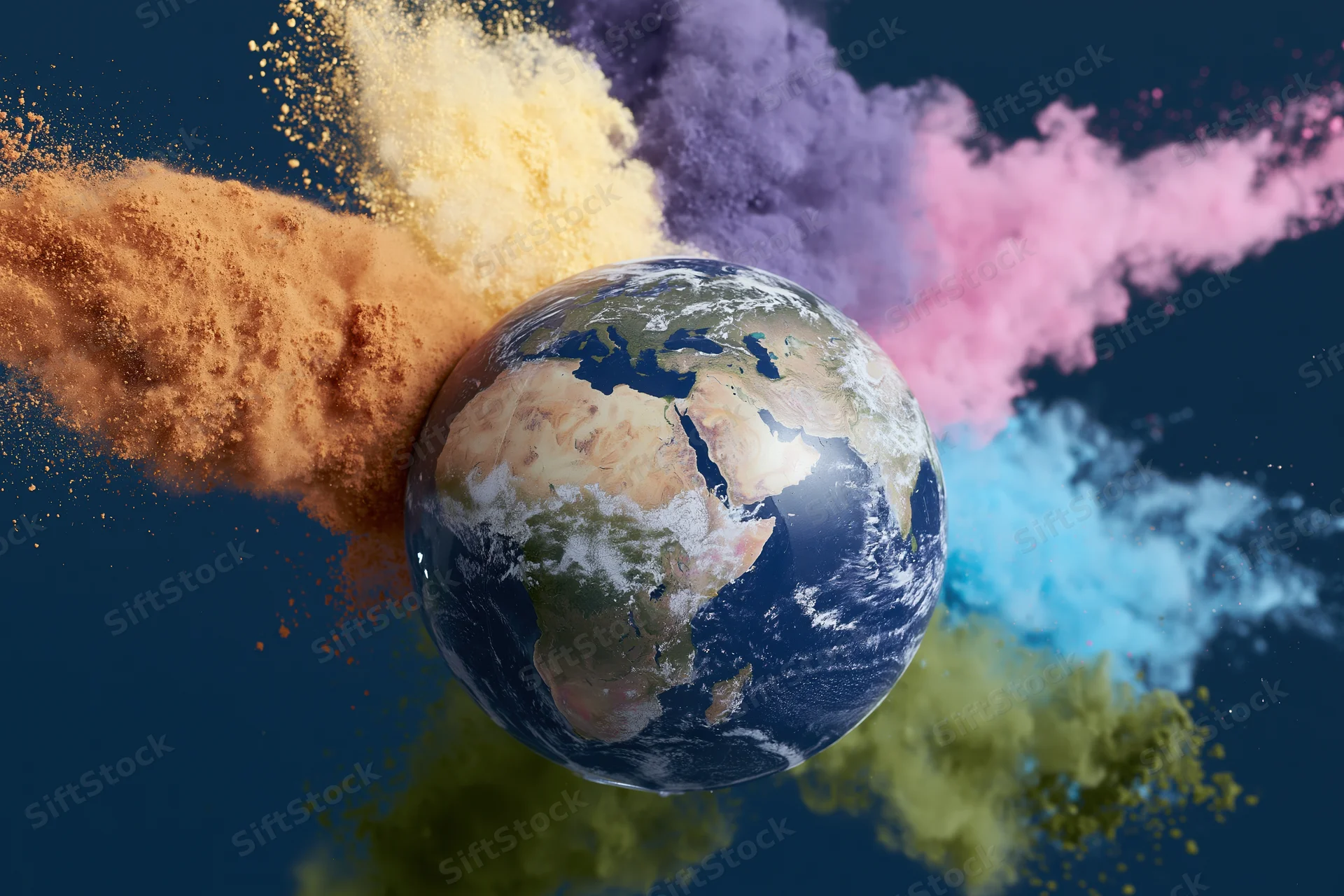 Earth globe centered with bursts of colored dust and smoke in space