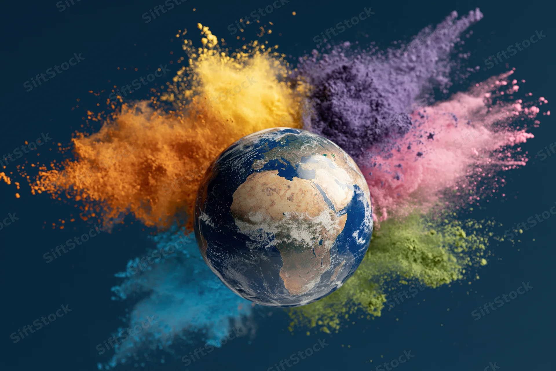 Earth globe surrounded by colorful powder bursts in dark space