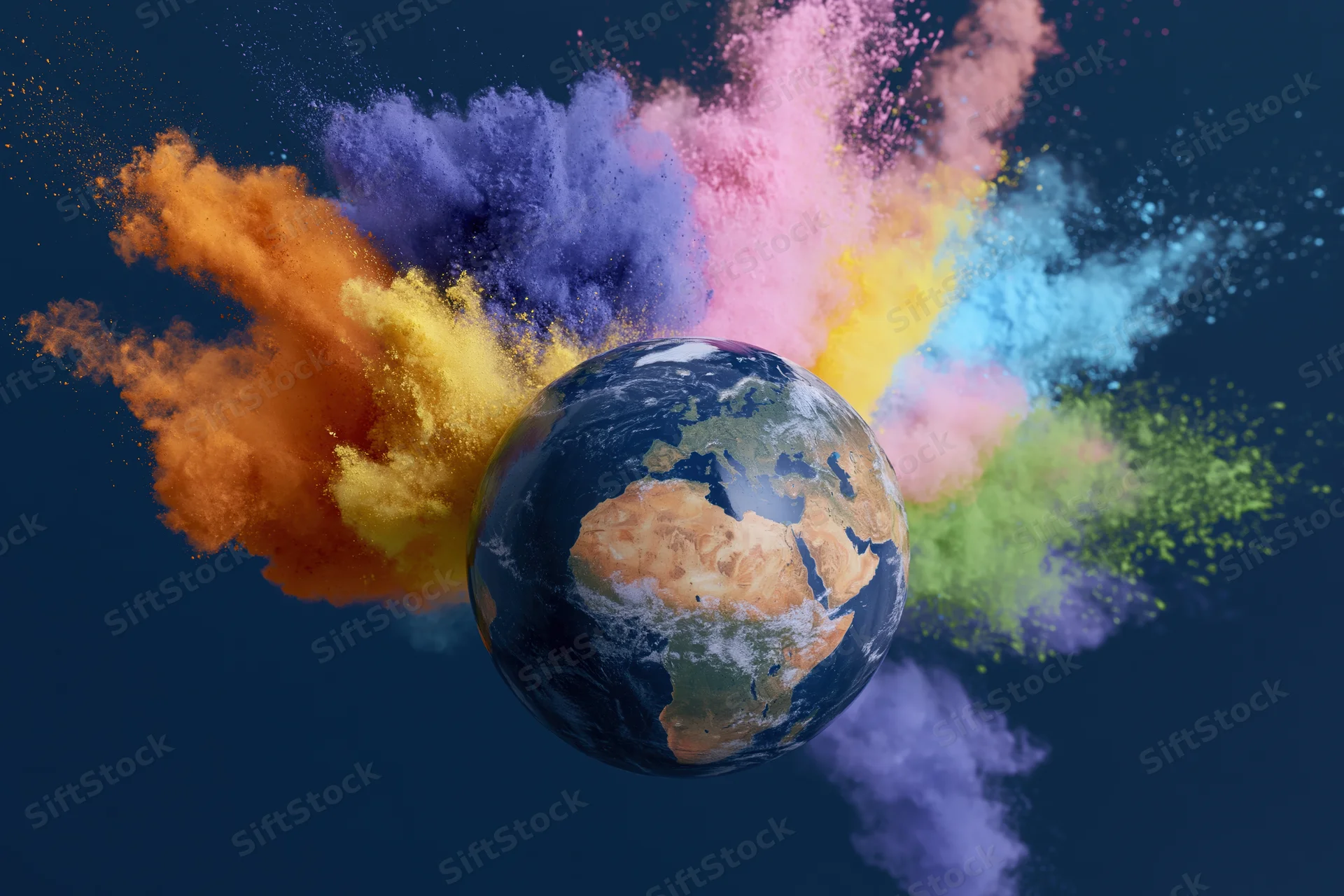 Earth globe surrounded by bursts of colorful powder in space