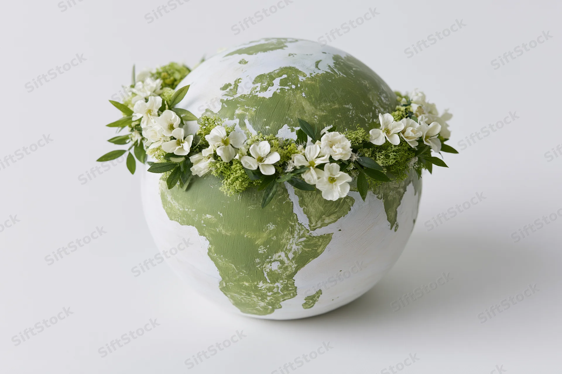 Painted globe sculpture adorned with white flowers and green leaves, isolated on white background