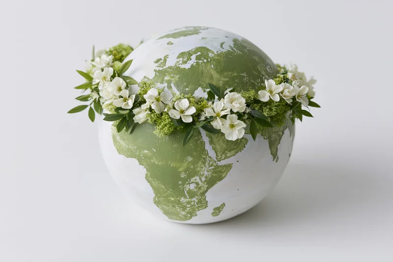 Painted globe sculpture adorned with white flowers and green leaves, isolated on white background