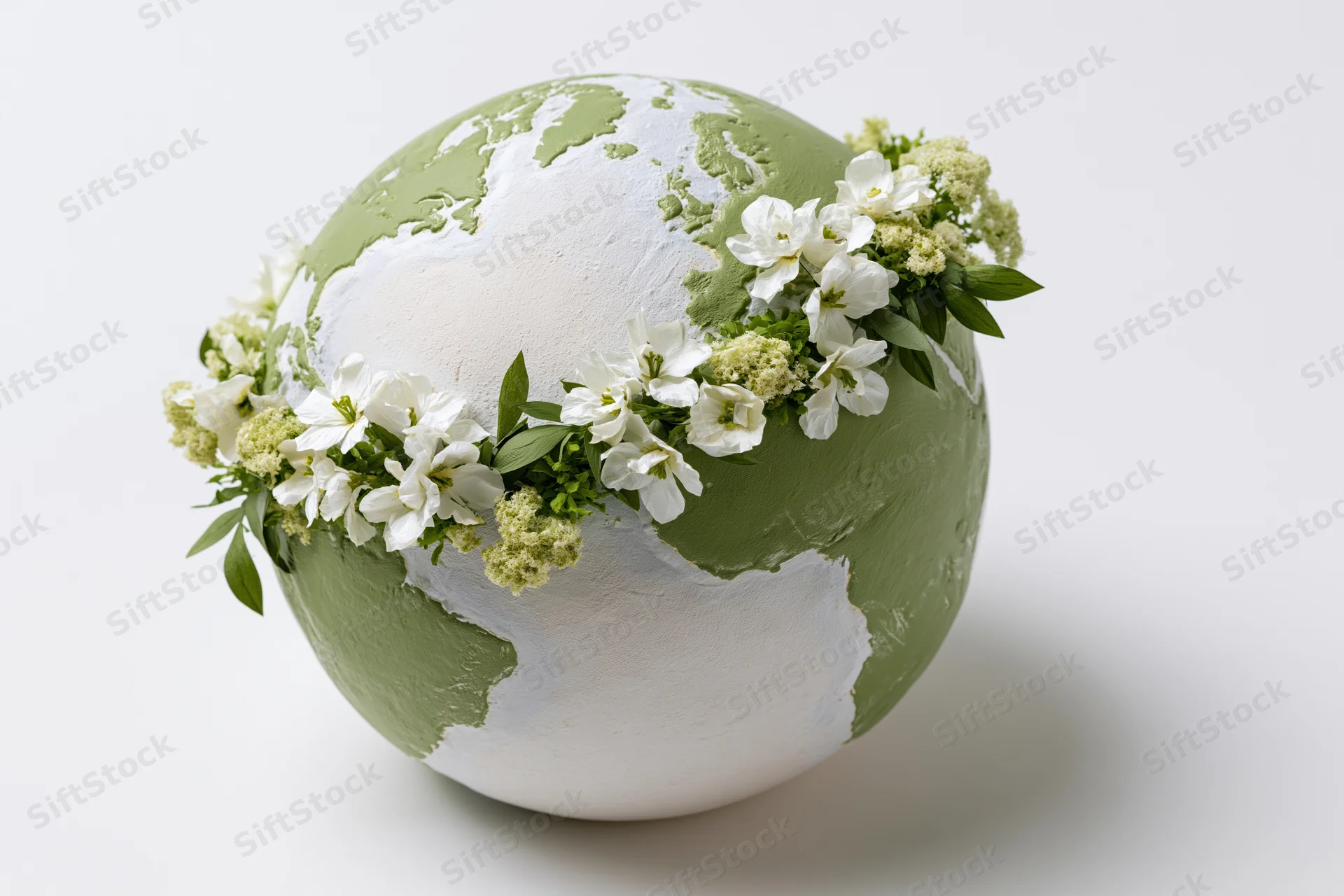 Painted globe sculpture adorned with white flowers and green leaves on a white background