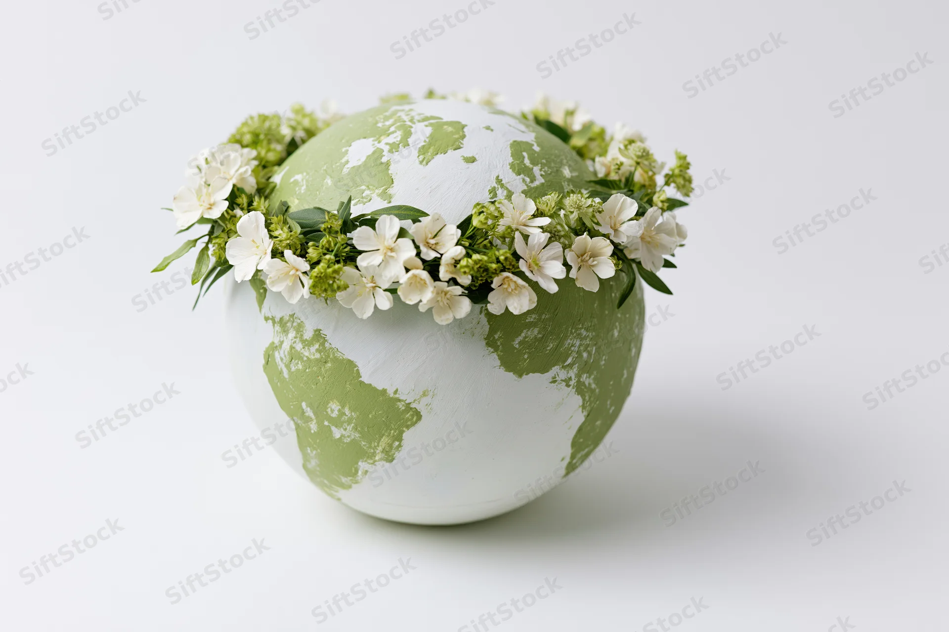 Globe sculpture with green continents and white oceans adorned with a floral wreath of white flowers and green leaves on a plain white background