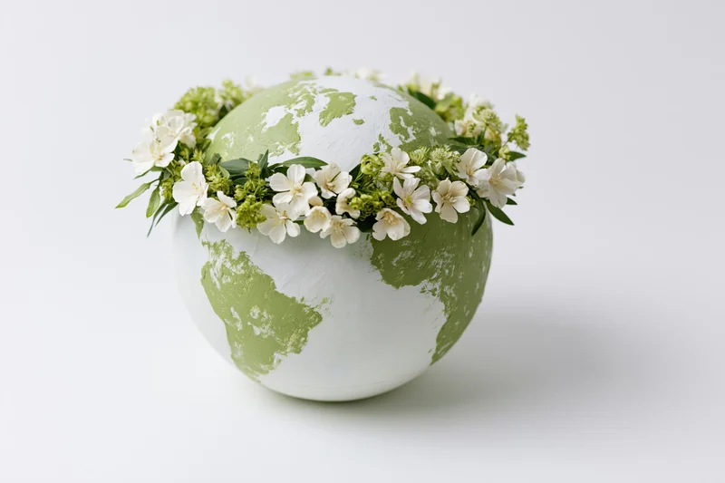 Globe sculpture with green continents and white oceans adorned with a floral wreath of white flowers and green leaves on a plain white background