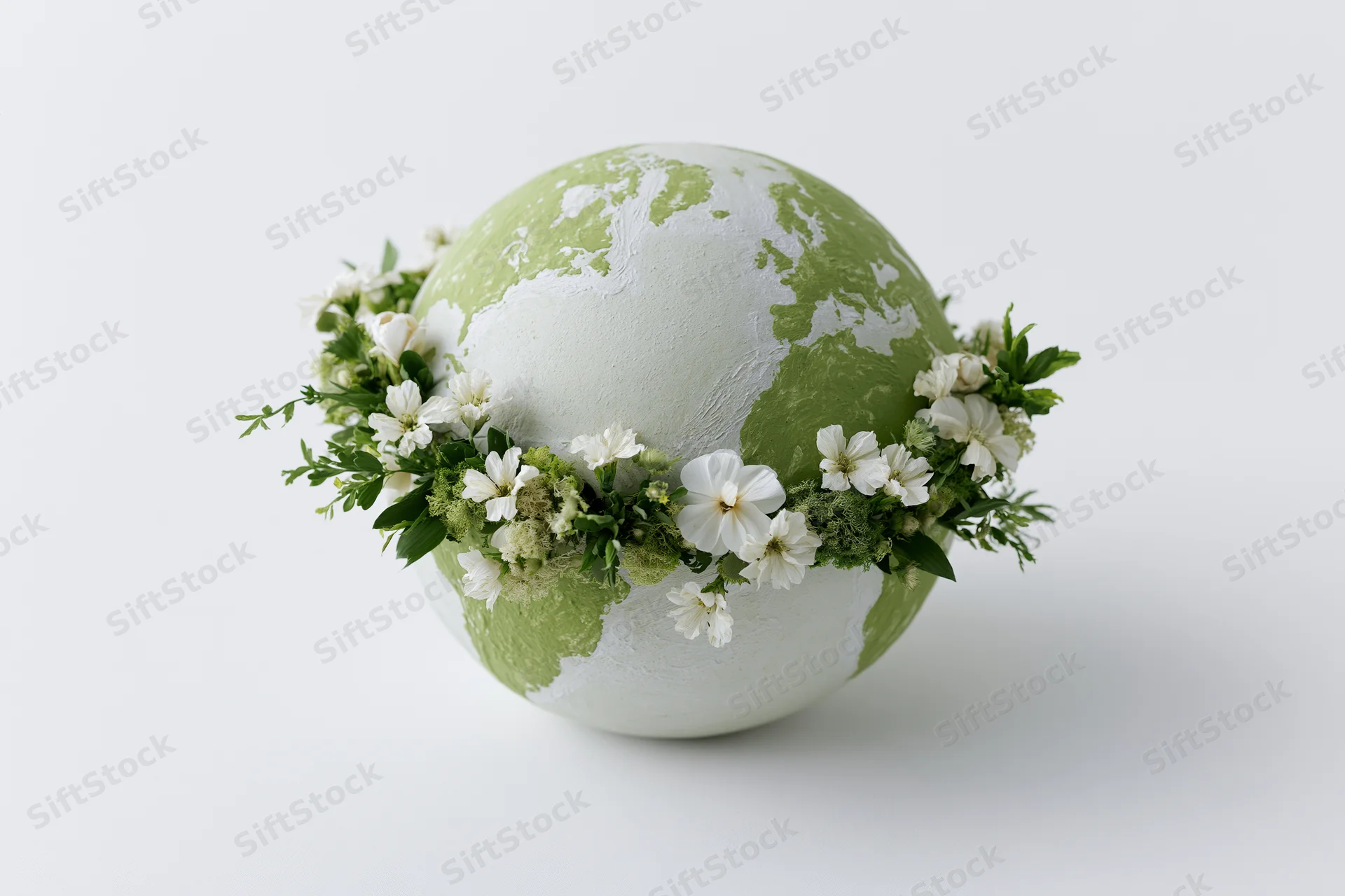Globe sculpture with green continents and white oceans adorned with a floral wreath of white flowers and green leaves on a plain white surface
