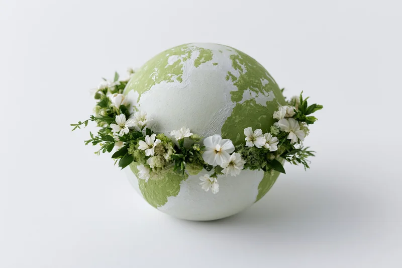 Globe sculpture with green continents and white oceans adorned with a floral wreath of white flowers and green leaves on a plain white surface