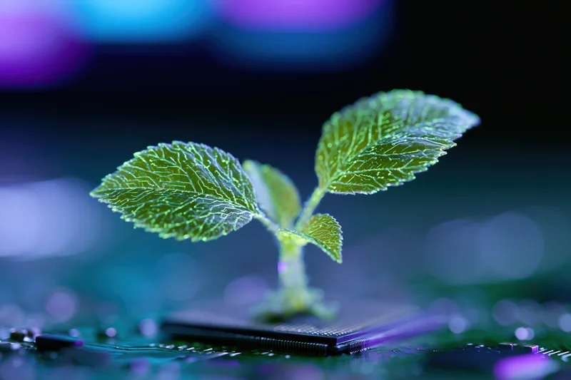Glowing digital plant with circuit-vein leaves growing from a computer chip on a circuit board