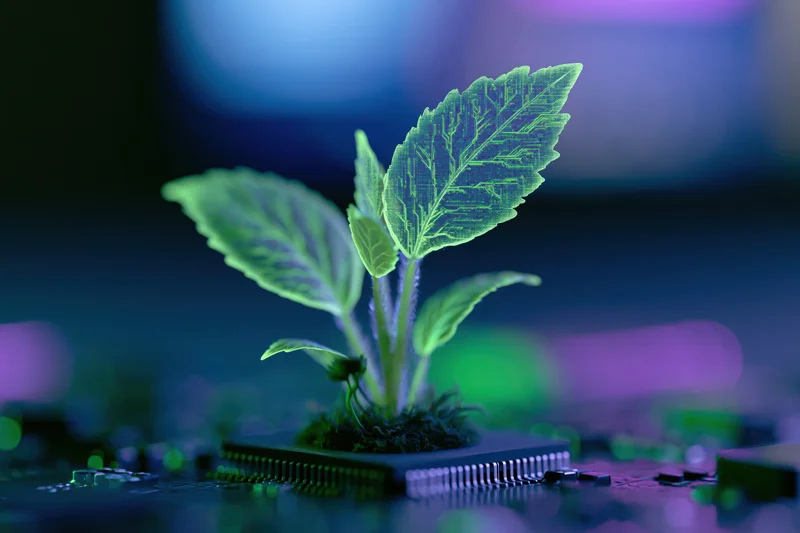 Glowing digital plant with circuit-vein leaves growing from a microchip on a circuit board