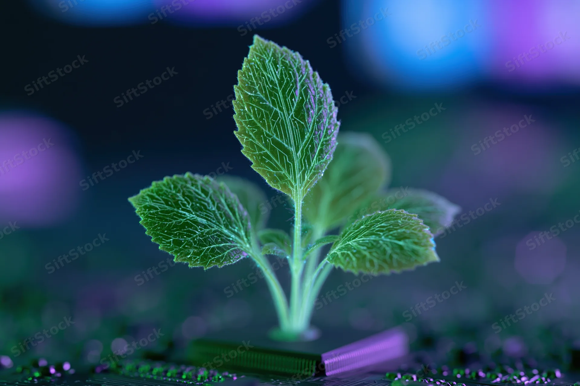 Glowing digital plant with circuit-vein leaves growing from a circuit board
