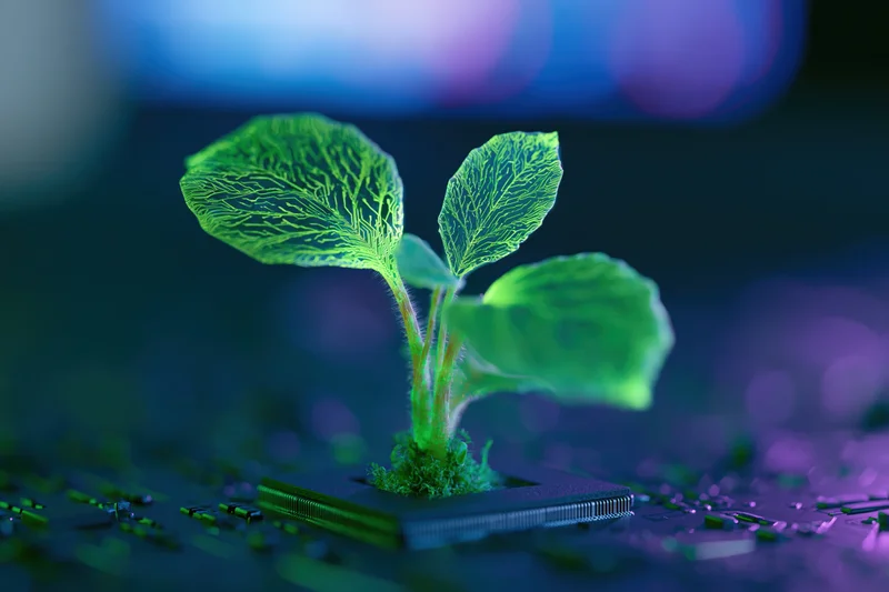 Glowing digital plant with circuit-vein leaves growing from a microchip on a circuit board