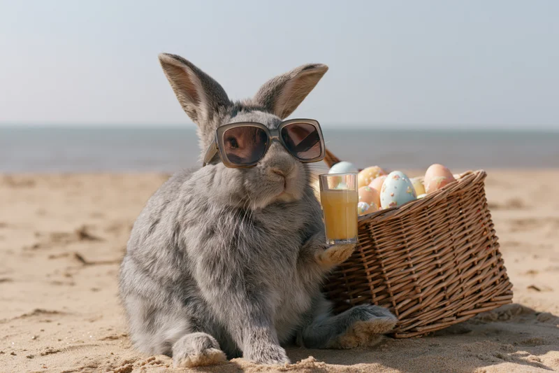 Grey rabbit wearing oversized sunglasses holding orange juice beside a basket of easter eggs on sandy beach