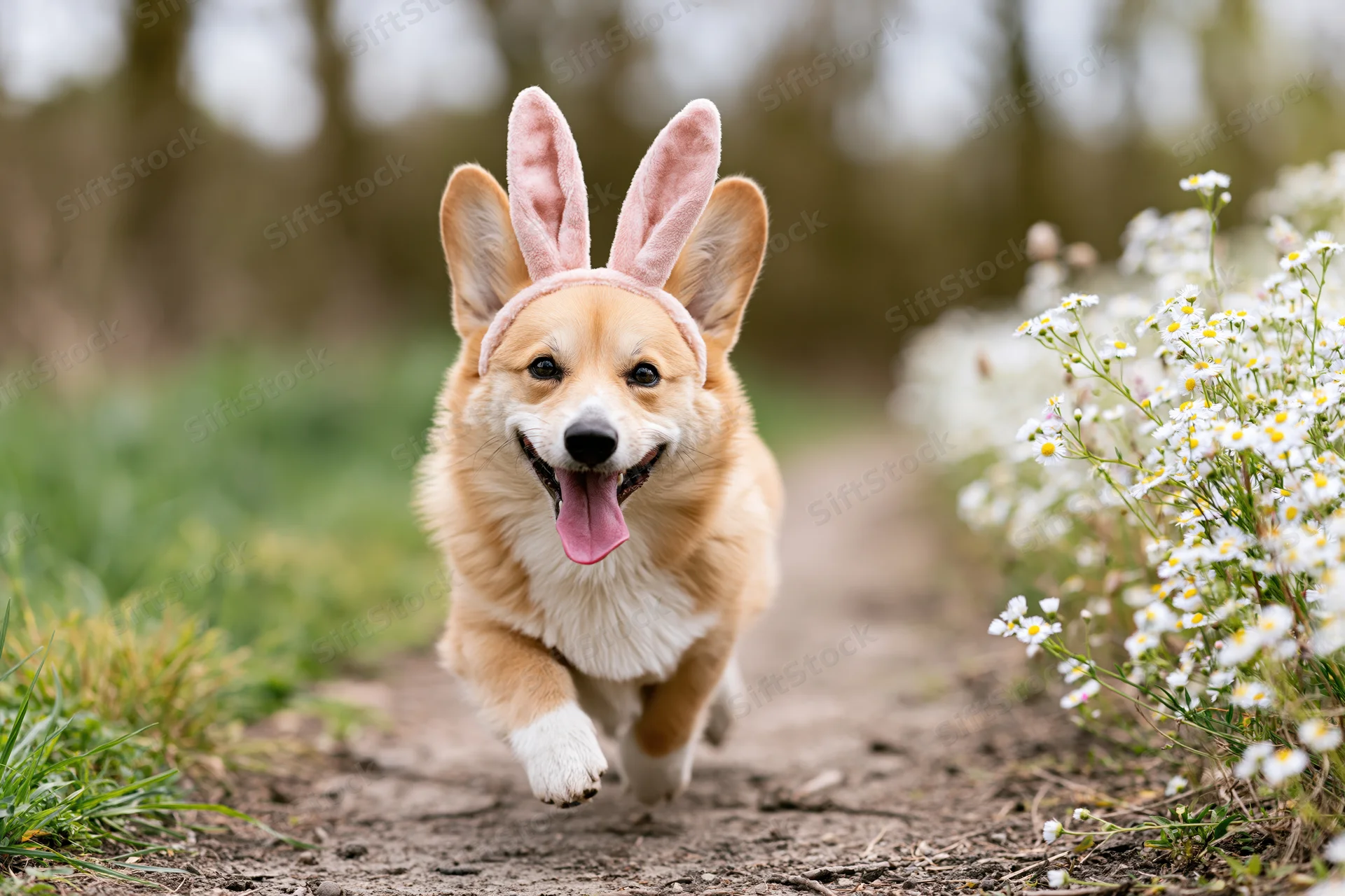 Corgi dog running toward camera wearing pink bunny ears on a dirt path beside white flowers