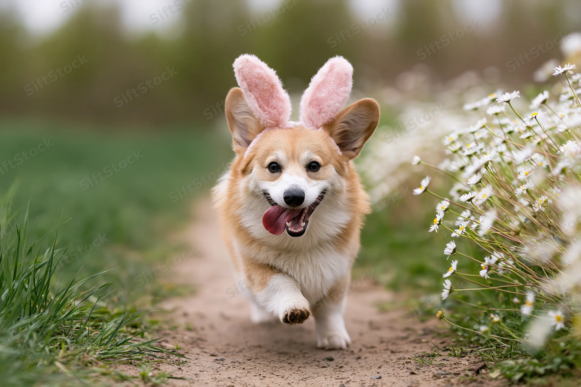 Happy corgi puppy wearing pink bunny ears running on a dirt path through a field of daisies