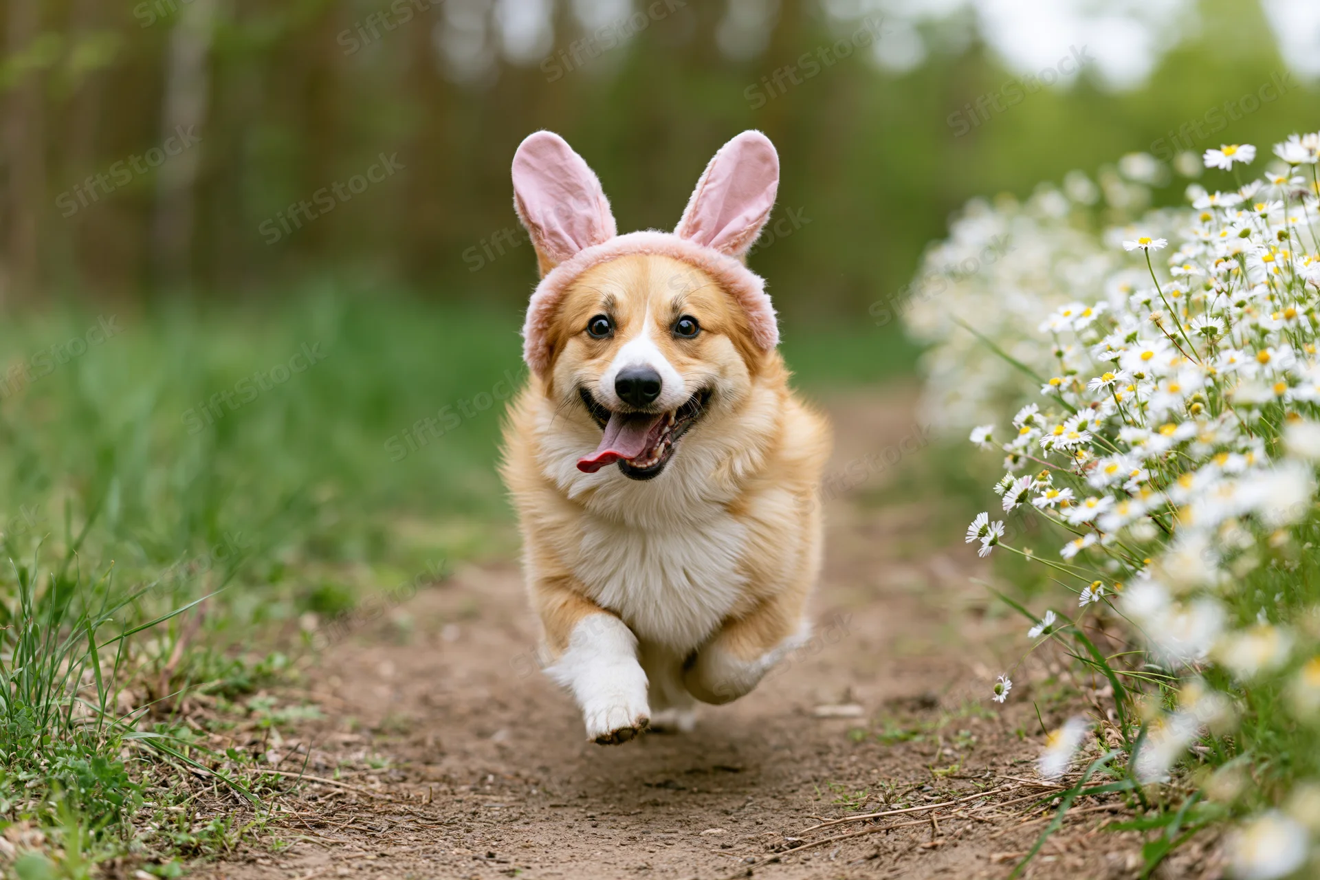 Corgi dog running toward camera wearing pink bunny ears on a dirt path beside white daisies in a grassy field