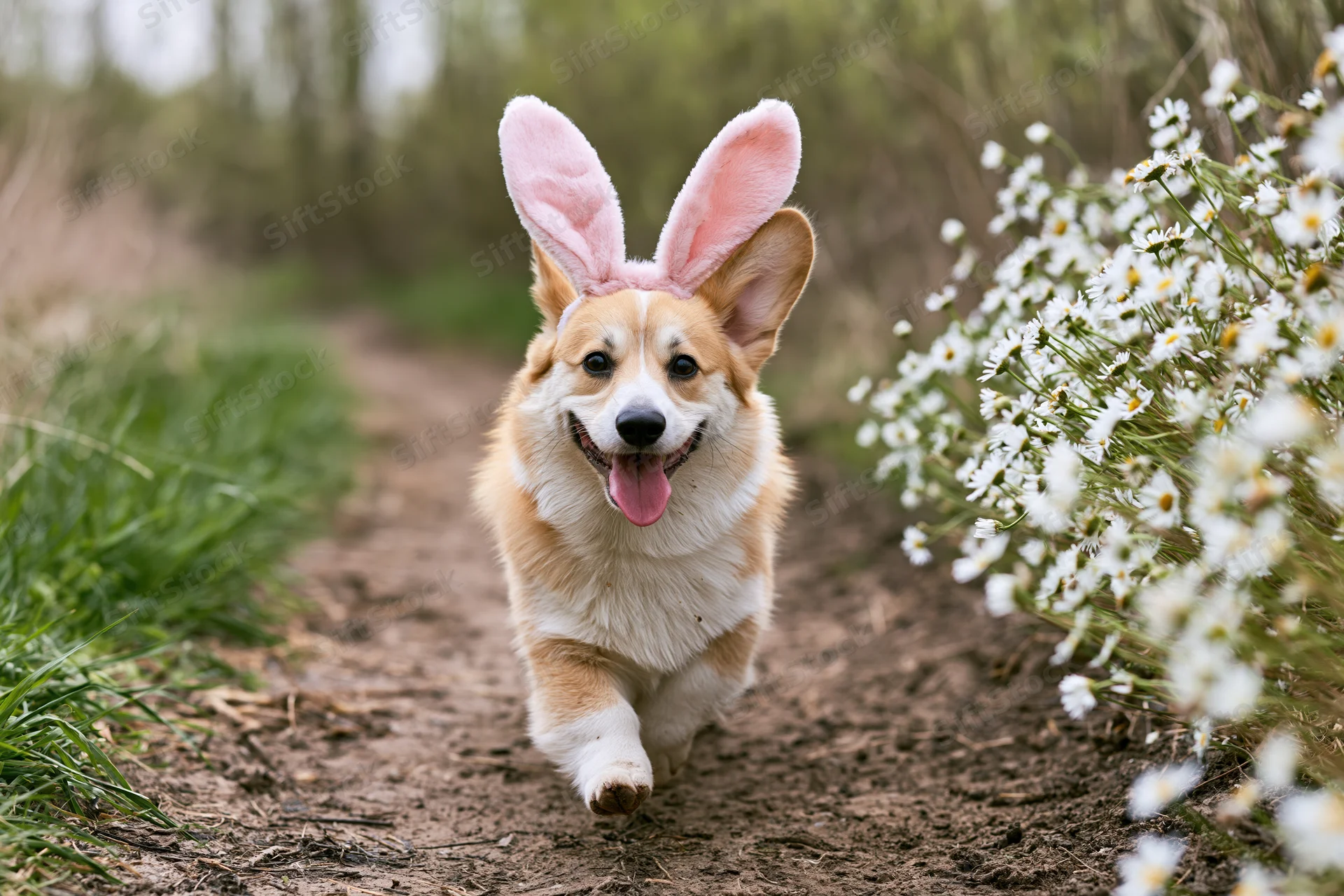Corgi dog wearing pink bunny ears running on dirt path toward camera with tongue out near white flowers