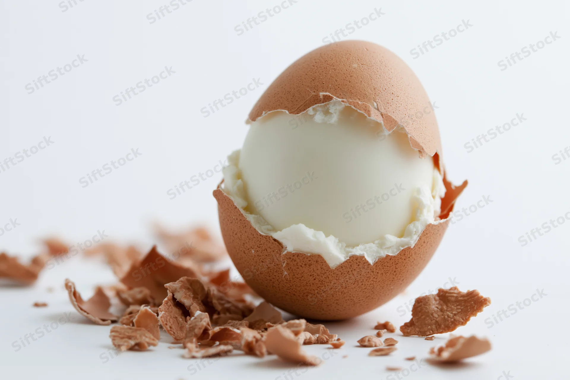 Hard-boiled egg with partially peeled shell and scattered shell fragments on white surface