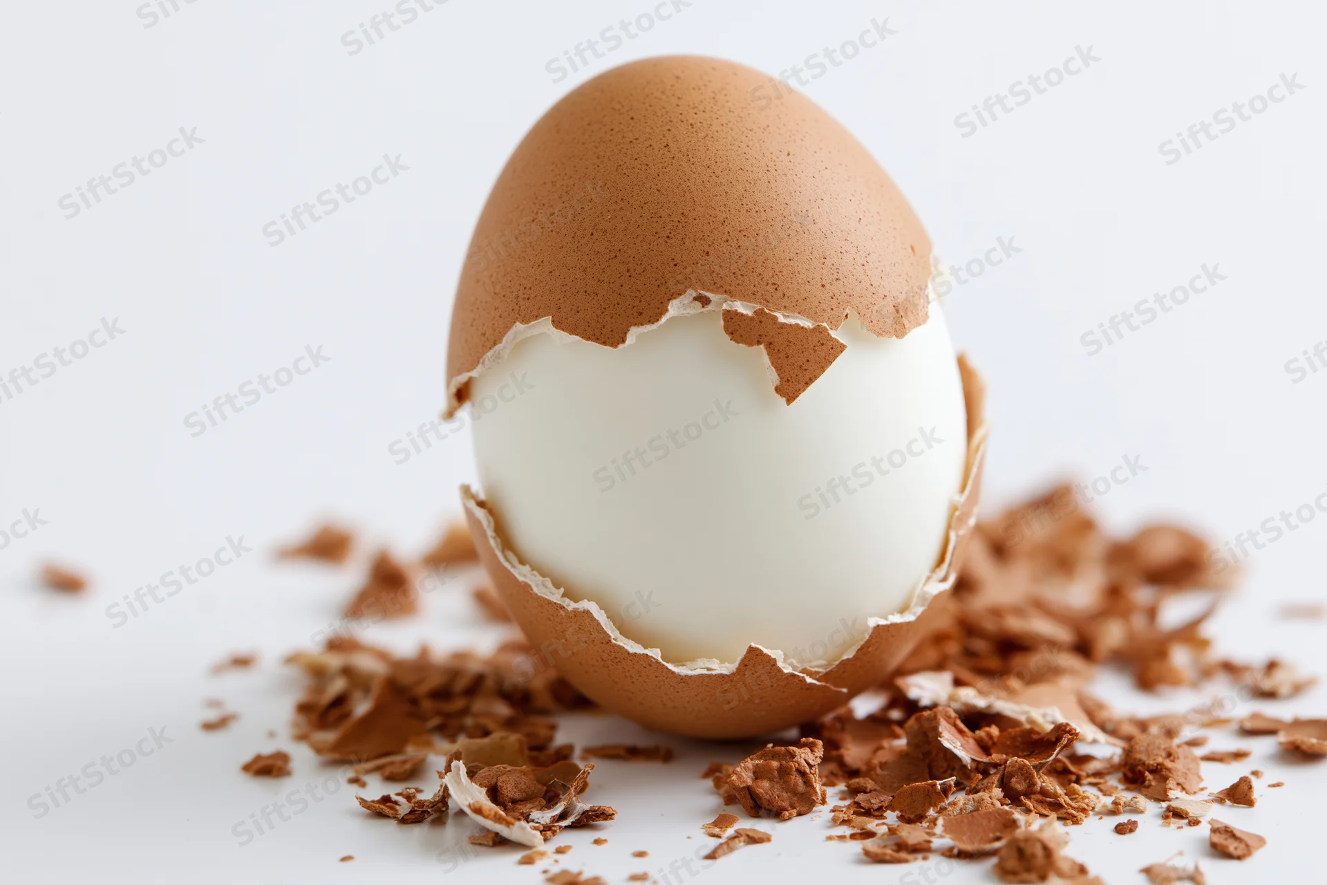 Hard-boiled egg with partially peeled shell resting on scattered shell fragments on white surface