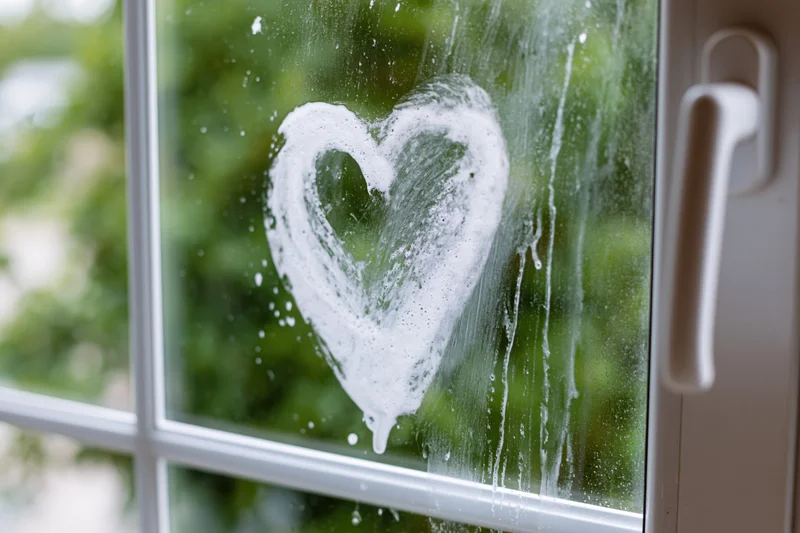 Heart shape drawn in soapy foam on a window glass with green foliage visible outside