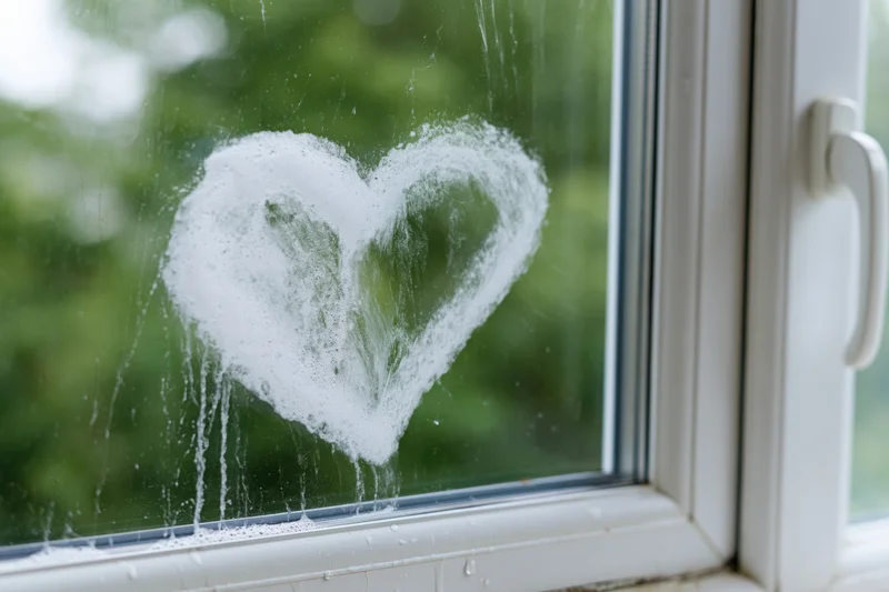 Heart shape drawn with finger through soapy foam on window glass with green foliage outside