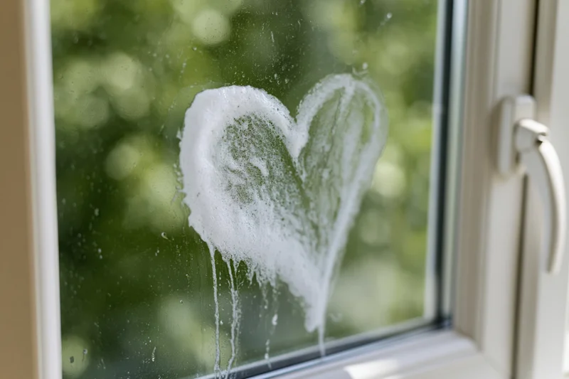 Heart shape drawn with finger through soapy foam on window glass with green foliage visible outside