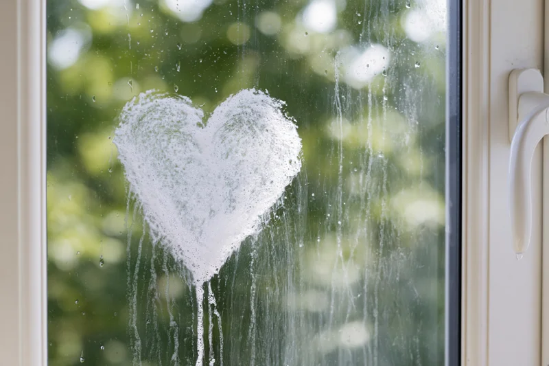 Heart drawn in soapy foam on a rain-streaked window with green foliage outside