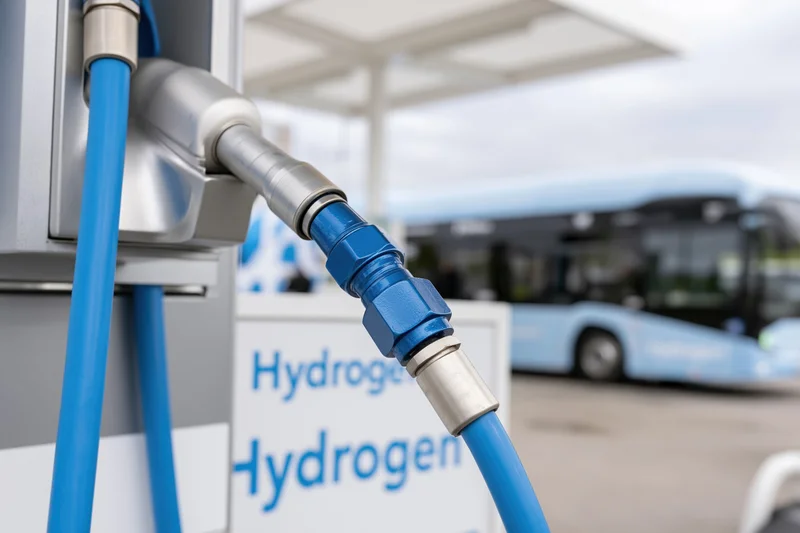 Hydrogen fuel dispenser nozzle and hose in foreground with bus in background at refueling station