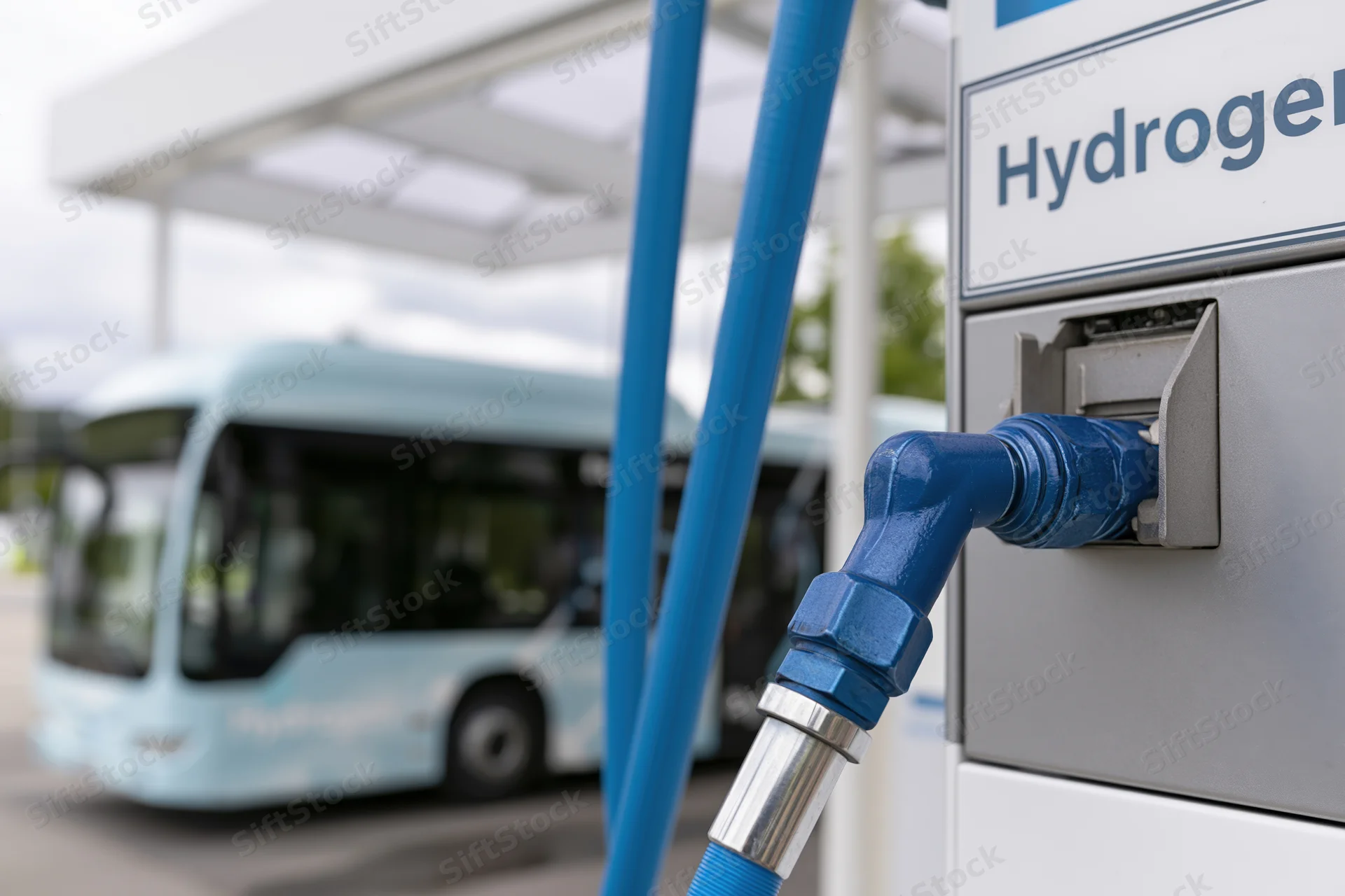 Hydrogen fuel dispenser nozzle and hose in foreground with bus in background at refueling station