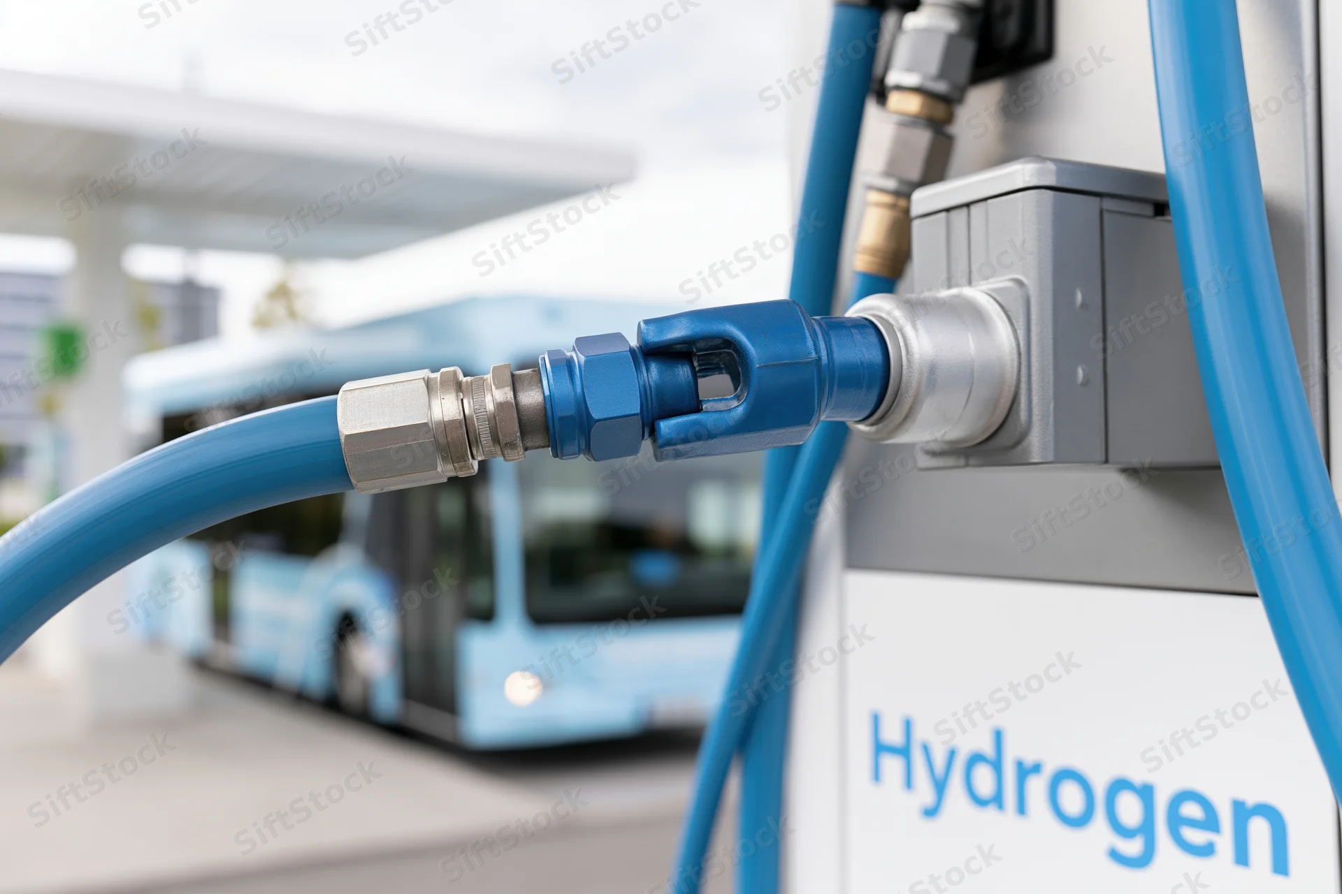 Hydrogen fuel dispenser nozzle and hose connected to a refueling station with a bus in the background