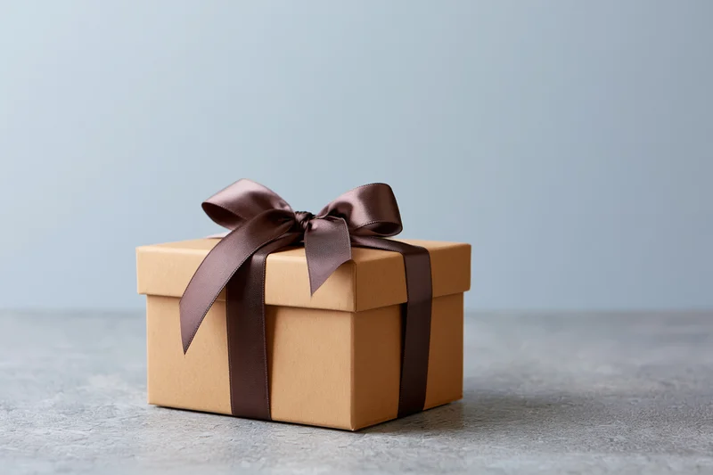 Kraft cardboard gift box tied with dark chocolate satin ribbon on gray concrete surface
