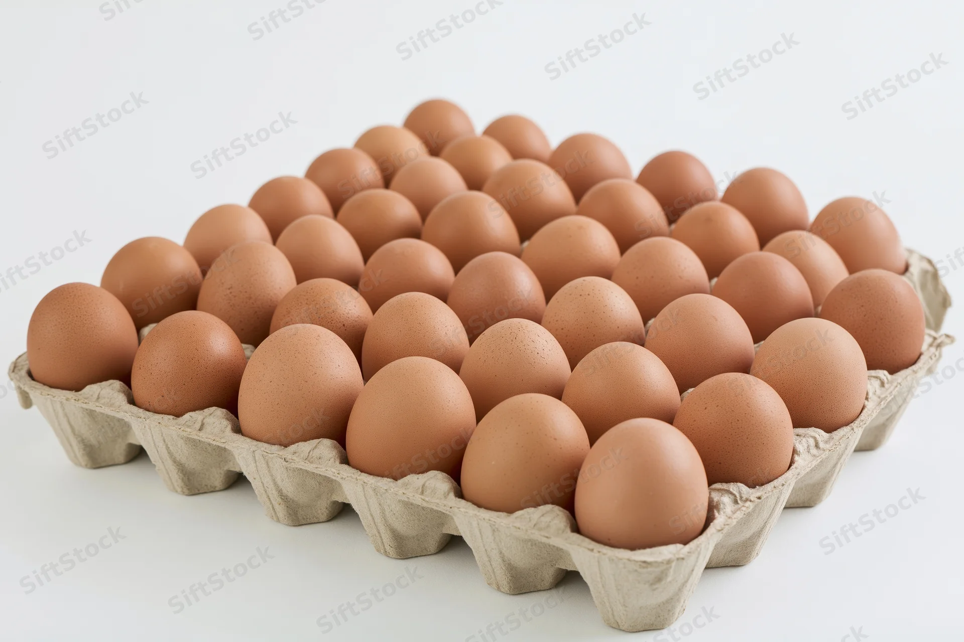 Thirty brown chicken eggs arranged in a flat cardboard tray on a white surface
