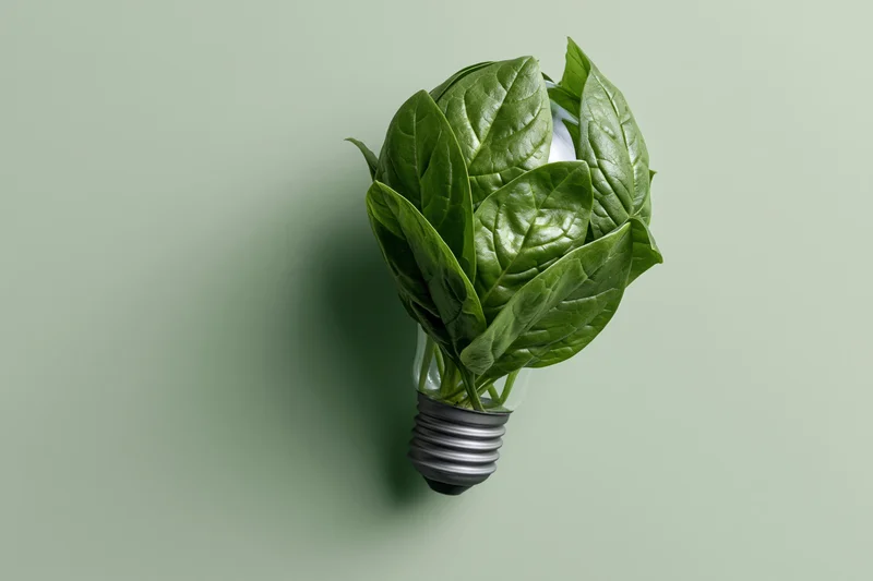 Lightbulb filled with fresh green leaves arranged to form a plant-like shape against a plain background