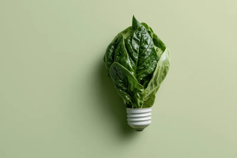 Lightbulb filled with fresh green leaves arranged to form a bulb shape against a plain green background