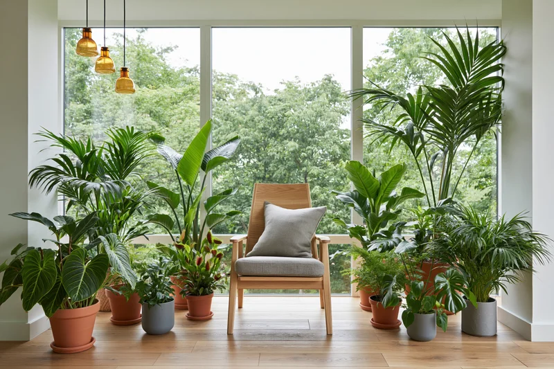 Light wood armchair with grey cushion surrounded by potted plants near large windows in a bright living room