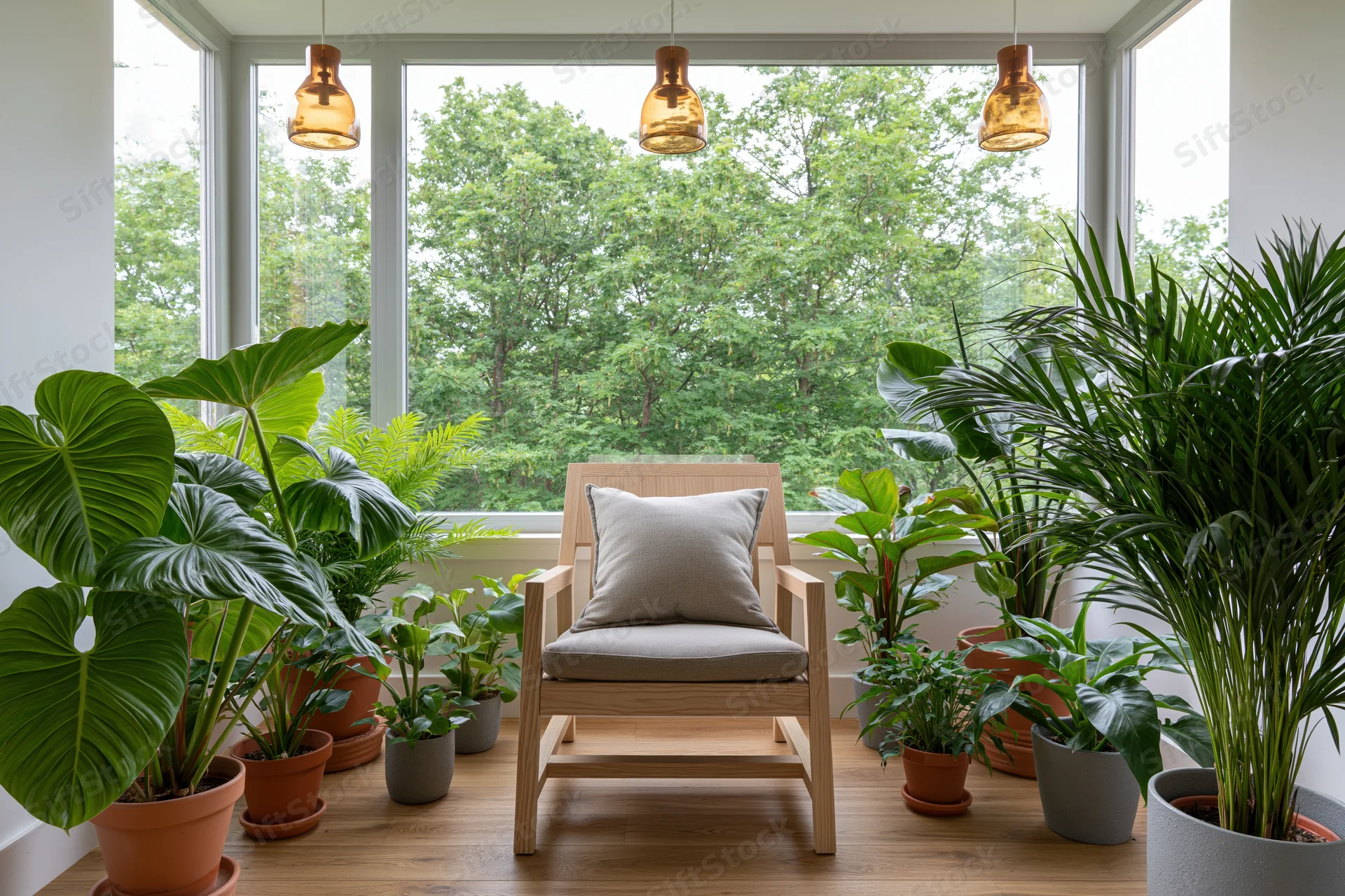 Light wood armchair with grey cushion surrounded by potted plants near large windows in a bright indoor space