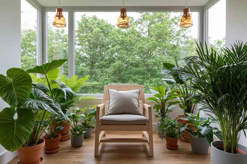 Light wood armchair with grey cushion surrounded by potted plants near large windows in a bright indoor space