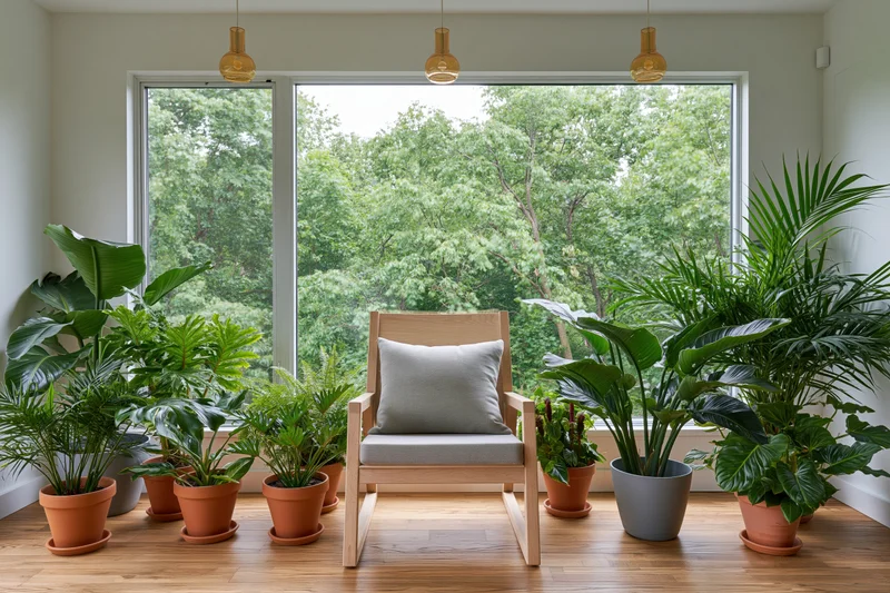 Light wood armchair with grey cushion surrounded by potted plants near a window with forest view