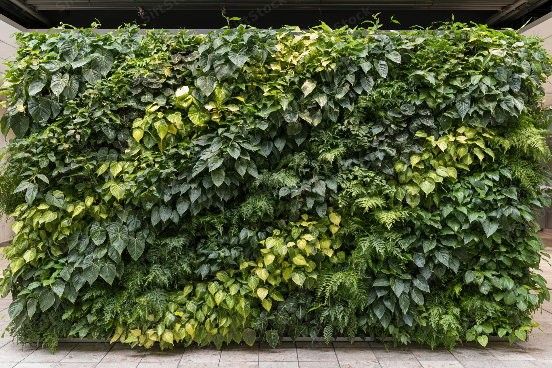 Dense living green wall of tropical and variegated plants covering interior wall