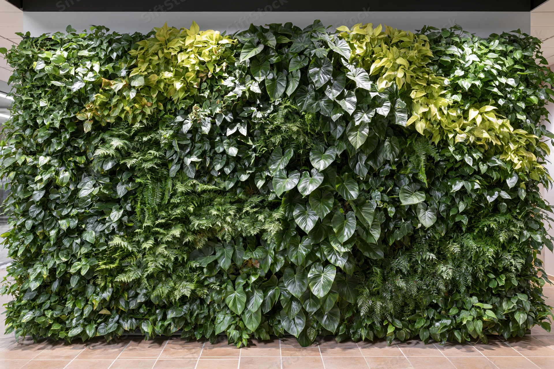 Living green wall installation covering an interior wall with dense foliage and varied plant species