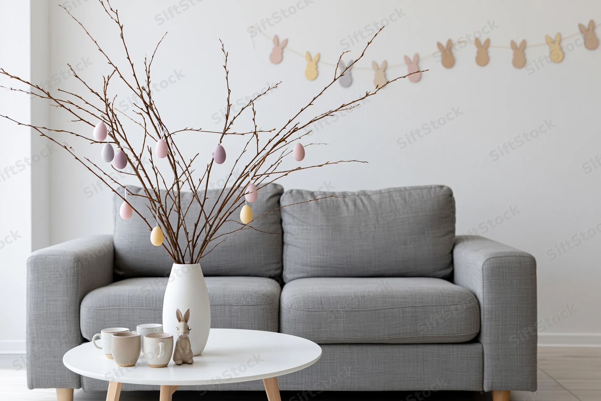 Easter decoration with bare branches and pastel eggs in a vase on a coffee table in front of a gray sofa