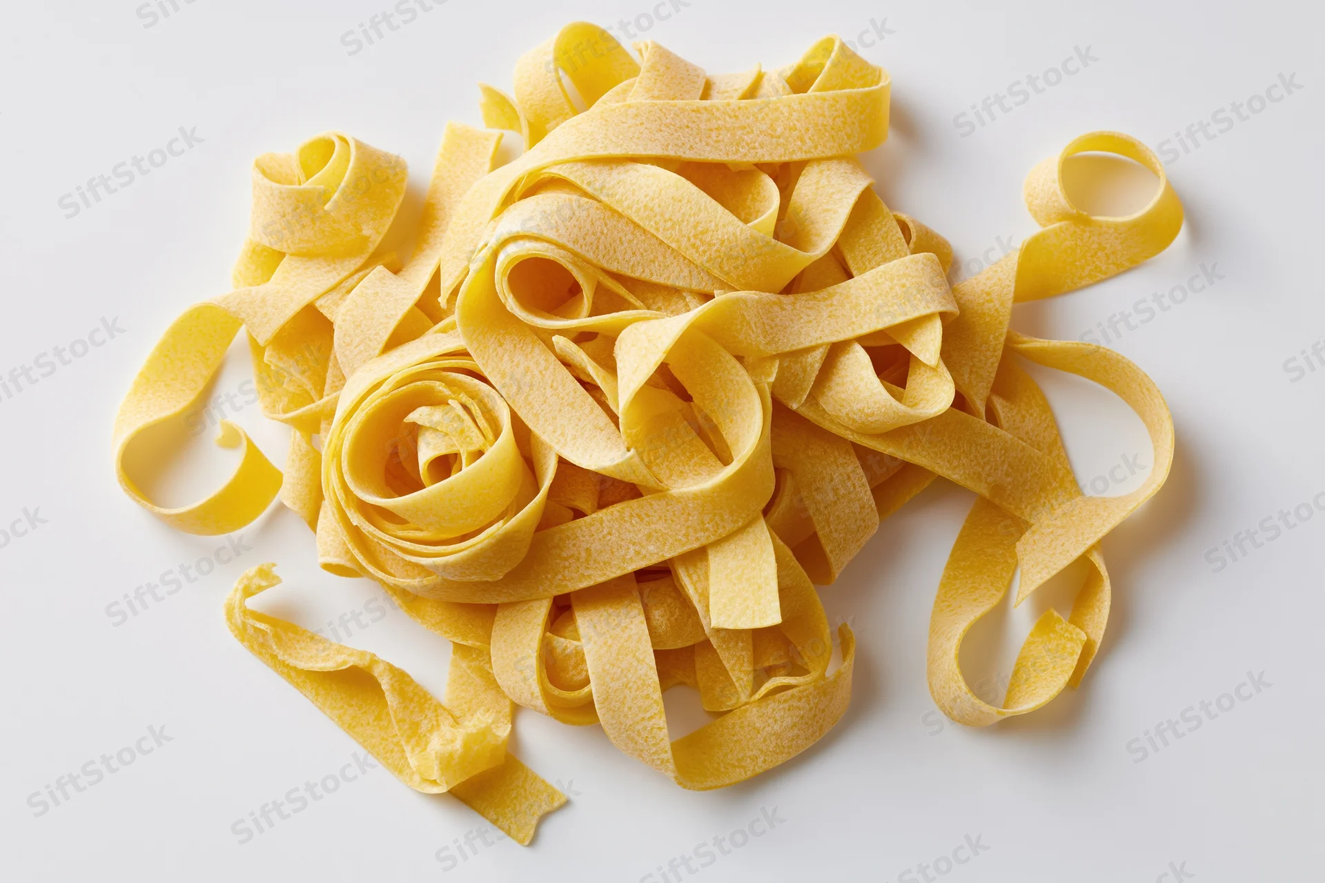 Loose pile of dry uncooked egg pasta ribbons curled and twisted on white background