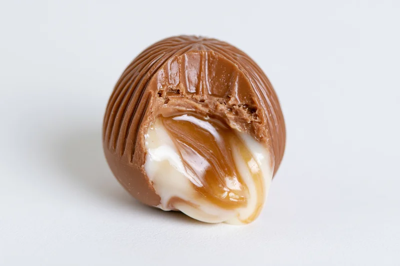 Milk chocolate truffle with bite taken out revealing creamy caramel and white chocolate filling on white background