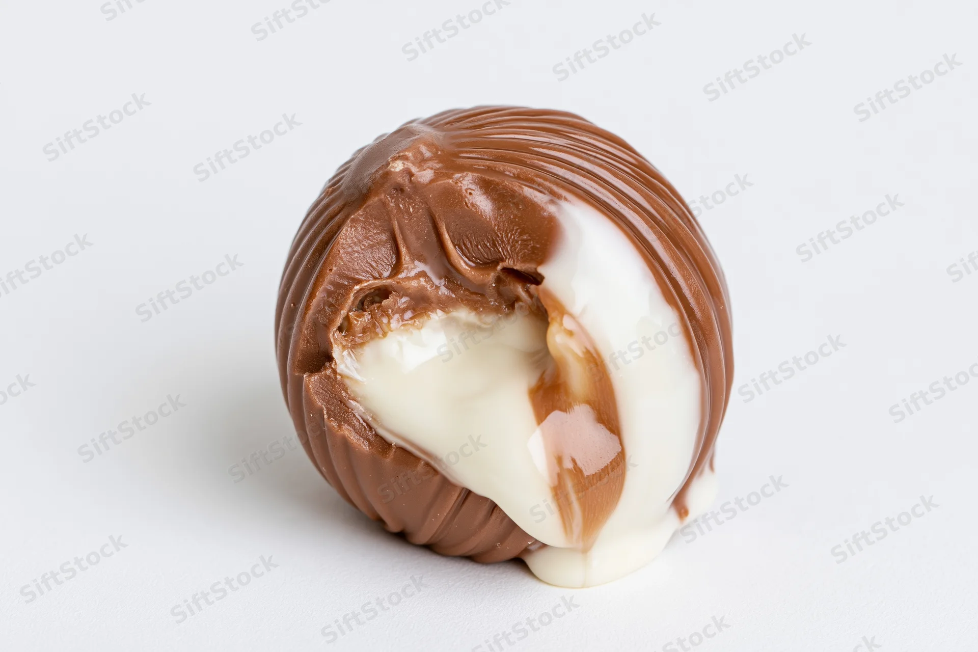 Milk chocolate truffle with bite taken out revealing creamy white filling on white background