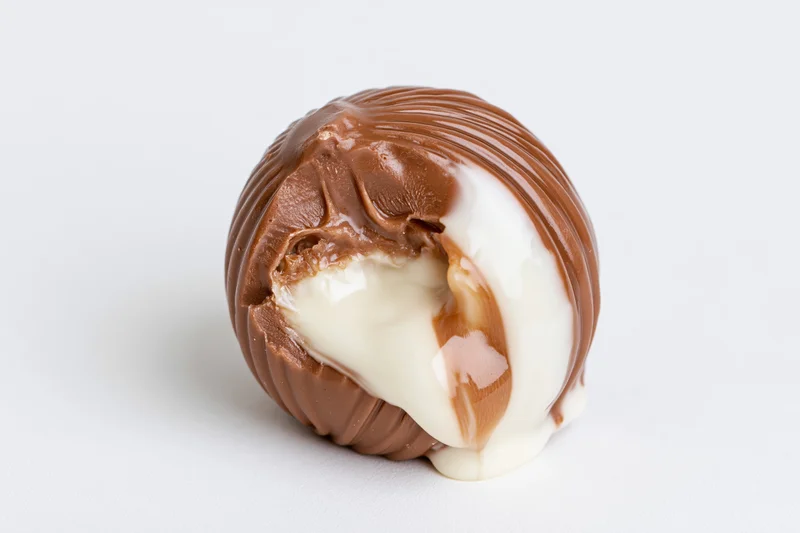 Milk chocolate truffle with bite taken out revealing creamy white filling on white background