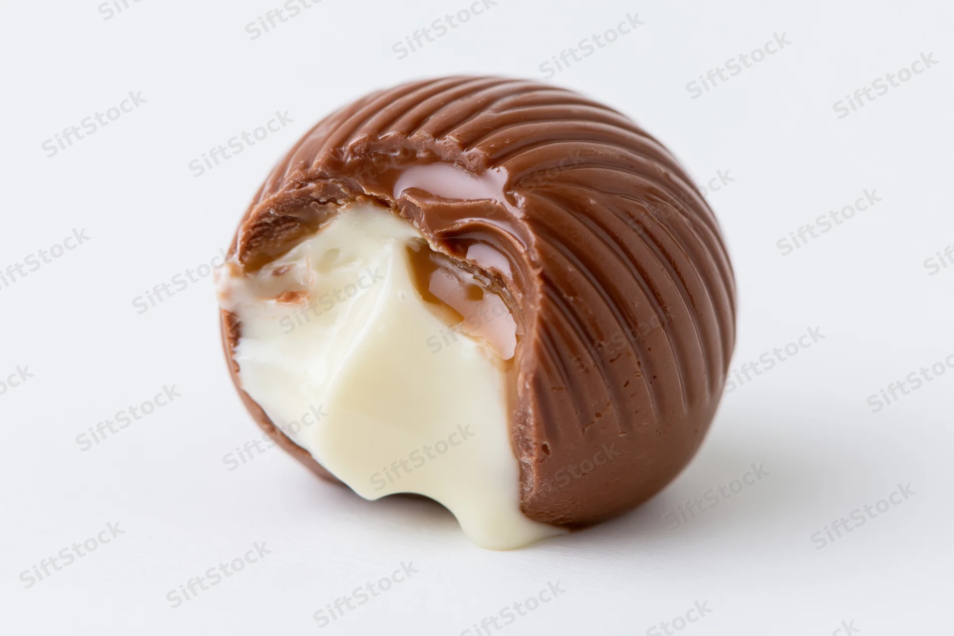 Milk chocolate truffle with bite taken out revealing white chocolate and caramel filling on white background