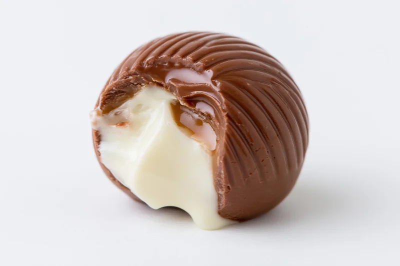 Milk chocolate truffle with bite taken out revealing white chocolate and caramel filling on white background