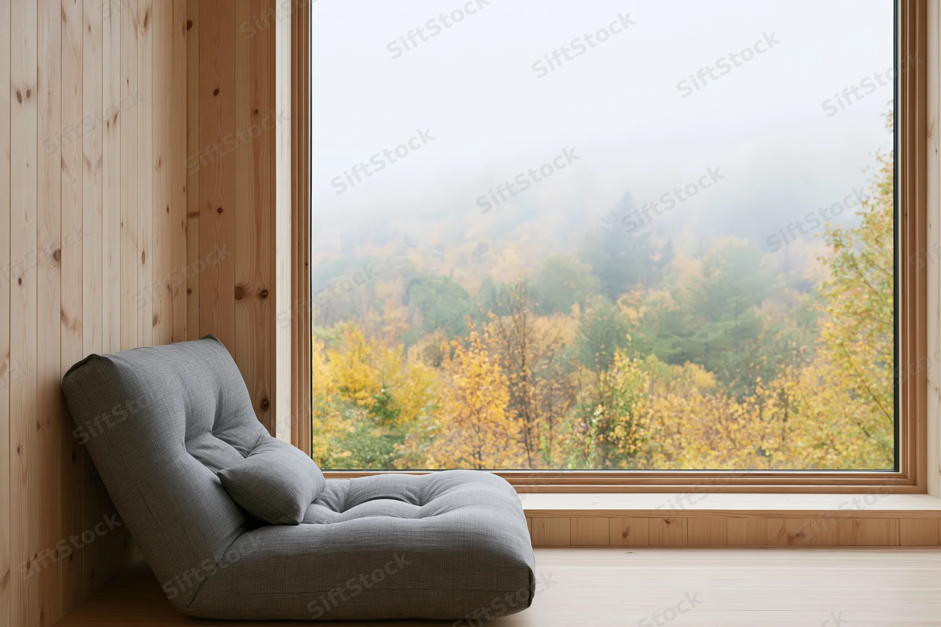 Gray recliner in a pine-clad cabin reading nook by a large window overlooking an autumn forest in fog
