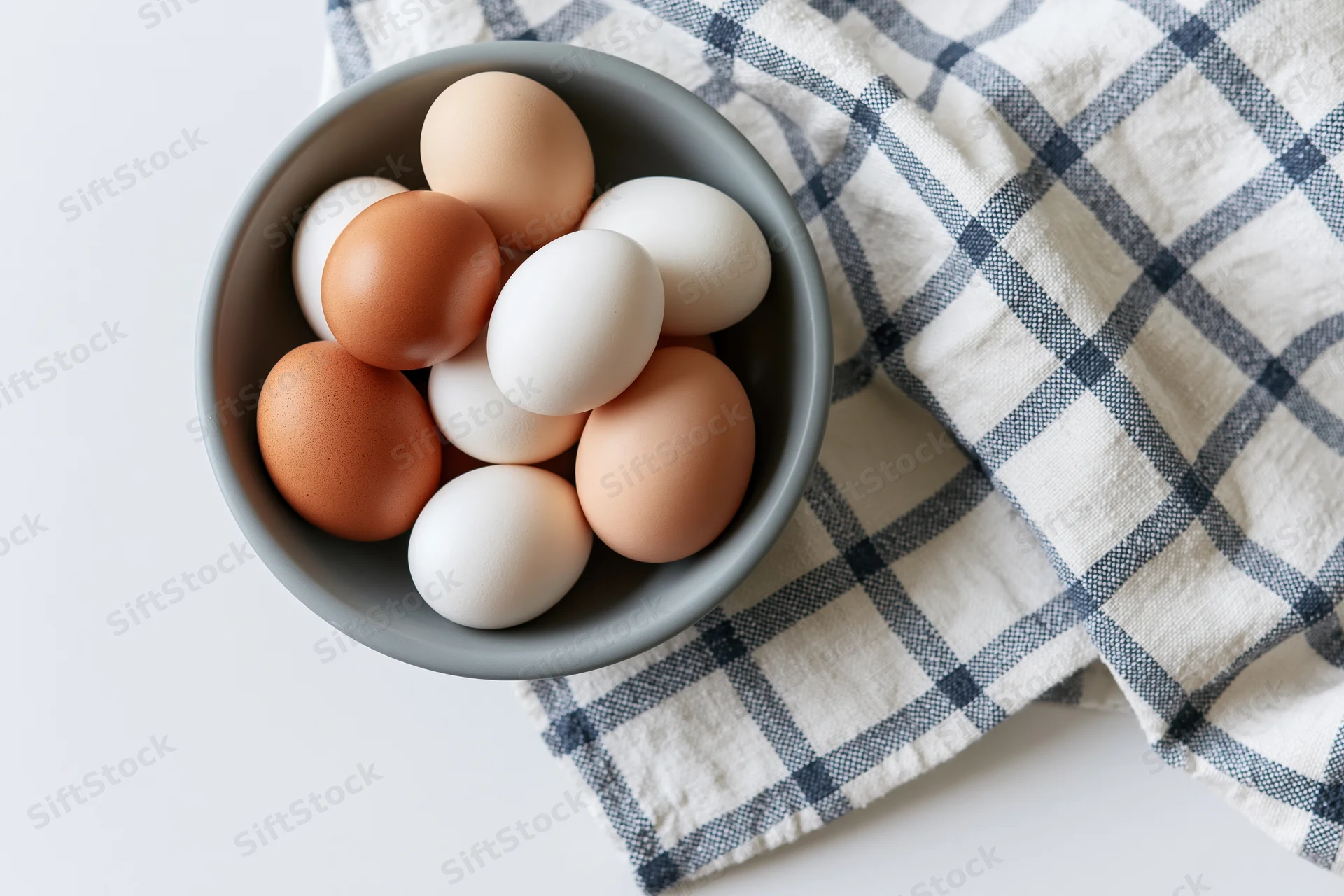 Brown and white chicken eggs piled in a matte grey bowl on a checkered kitchen towel
